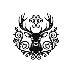 Majestic deer head with ornate antlers and decorative swirling frame.