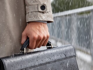 A man's hand gripping a wet black briefcase while wearing a beige raincoat during a heavy rainstorm.