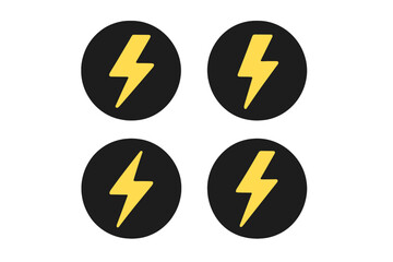 Lightning bolt vector icon set on round black buttons. Yellow flash symbol for electricity, power, charge, and energy concepts. Thunder strike graphic element for web design.