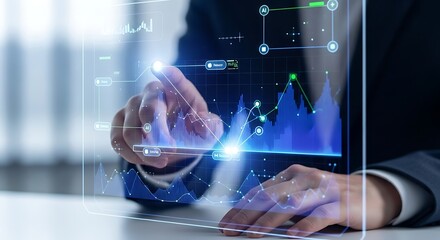 Business professional interacting with futuristic financial data visualization