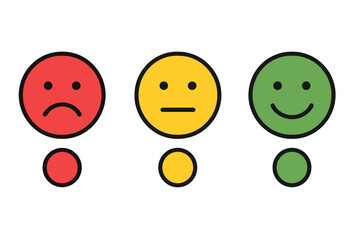 Customer feedback smiley icon set. Vector illustration for satisfaction rating. Mood emoticons for survey and review. Happy, neutral, and sad face expressions. Good and bad.