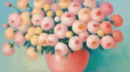 Impressionist Painting of Pink and Yellow Roses in a Vase