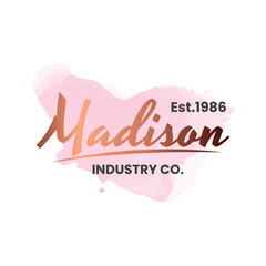 Elegant logo design with a soft pink watercolor background and a metallic gold brush ribbon