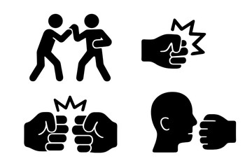 Fighting and violence black glyph icons set. Aggression, conflict and assault. Punch in the face. Fist bump. Boxing match. Combat pictogram. Silhouette symbols.