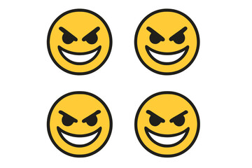 Fototapeta premium Evil smile face vector icon set. Mischievous, cunning, angry emoji character. Devilish grin emoticon symbol for bad emotion. Villain concept. Sly tricky cartoon face design.