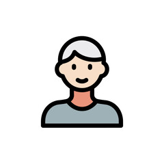 Simple vector illustration of a smiling person with gray hair, showing a friendly expression.