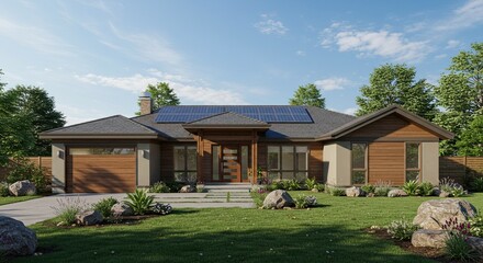 Stunning modern ranch home featuring solar panels and natural wood accents, showcasing sustainable living and elegant architectural design for upscale real estate marketing.