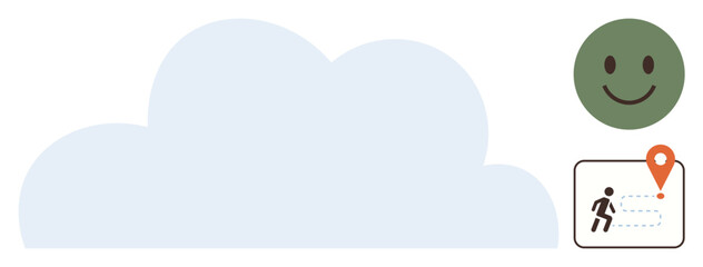 Smiling green face next to a journey map icon and a large cloud. Ideal for positivity, planning, achievement, navigation, success, mindfulness, personal growth. A simple flat metaphor