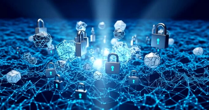 Digital locks floating in a network of glowing connections, symbolizing security
