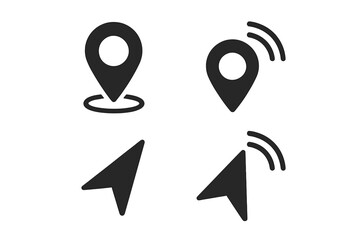 Location pin and navigation cursor icon set. Live GPS tracking and position marker symbol. Vector illustration for map destination, direction, and real-time route finding.