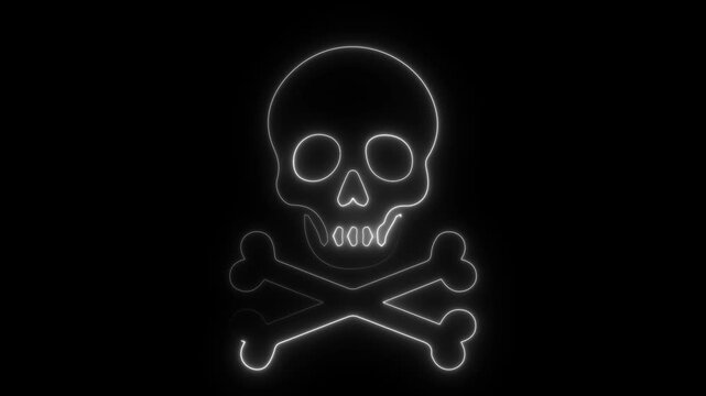Simple jolly roger. Minimal skull. White neon sign. Crossbones glow. Pirate danger. Toxic symbol. Horror outline. Dark goth art. Warning mark. Animated danger.
