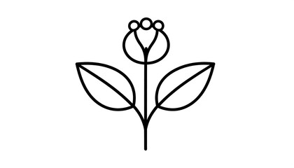 Simple line drawing of a stylized flower.  A black outline depicts a flower with a bulbous center and three small circles. Two leaves extend from the stem