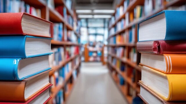 Reading Corridor: A visual journey through the heart of a library, showcasing colorful books in stacks and shelves. It invokes curiosity for readers.