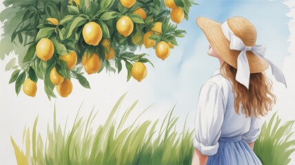 Woman in straw hat looking at lemon tree from the side