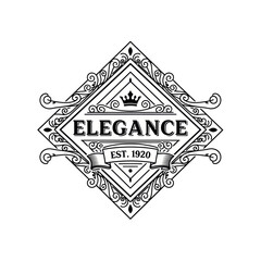 Vintage elegance emblem with crown and scrollwork design.