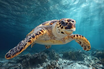 Fototapeta premium Hawksbill sea turtle swims gracefully through clear ocean waters, showcasing vibrant colors and unique shell patterns amidst coral reef habitat