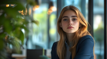 A portrait of a young businesswoman in an office setting.