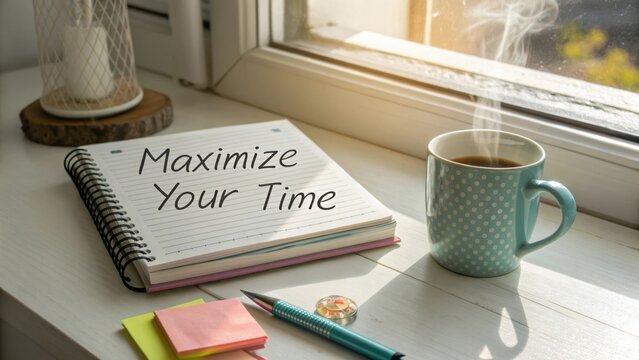 Cozy workspace with coffee cup, notepad, sticky notes and pen, emphasizing time management and productivity tips