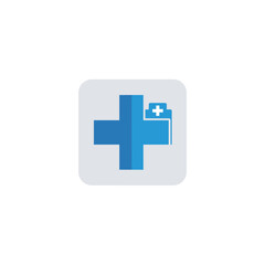 A blue medical cross icon with a smaller document symbol featuring a white cross, representing digital health records and first aid.