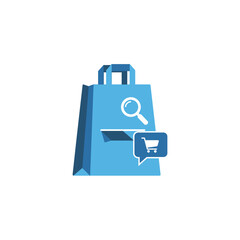 Obraz premium A blue shopping bag with a magnifying glass and a shopping cart icon in a speech bubble, representing online shopping and search.