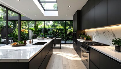 Modern kitchen interior features a spacious island with a marble countertop, dark cabinetry, and a built-in sink.