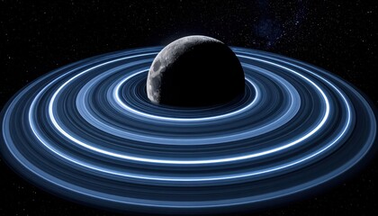 Obraz premium Cosmic celestial body surrounded by concentric luminous rings in a deep space scene, with the spherical object partially eclipsed within the illuminated structures against a star-filled black sky,...