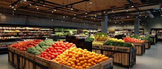 Fototapeta premium The produce display in a modern supermarket showcasing colorful fresh fruits and vegetables
