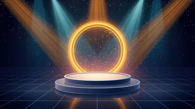 A futuristic stage illuminated by spotlights, with a glowing circular portal, creating a vibrant and engaging backdrop for presentations or events.
