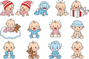 Cartoon baby illustration set, cute infant poses and emotions, playful child vector, newborn character clipart, childhood activity design, colorful toddler artwork collection