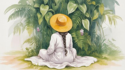 Woman in straw hat meditating in lush green foliage