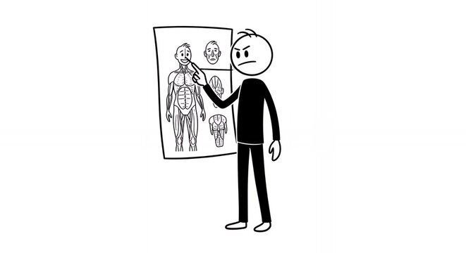 Angry Stick Figure Medical Student Presenting Human Anatomy Chart with Scowling Expression Isolated on White Background Human Anatomy Presentation Stick Figure Anatomy Diagram Black and White Scheme