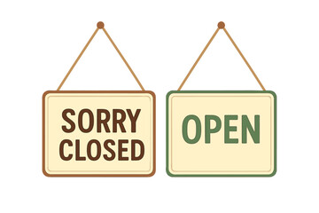 Sorry We’re Closed and Come In We’re Open Store Signs. Vector Illustration of Hanging Shop Signboards with Rope. Business Closed and Open Status Signage for Shops and Services.
