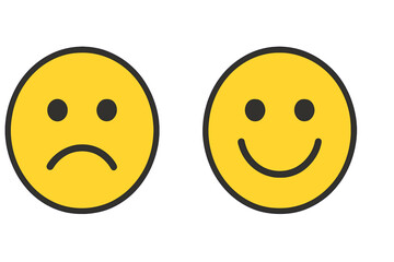 Fototapeta premium Vector illustration of facial expressions sad and happy emoticons, set of yellow smiley faces with transparent background, positive and negative emotions, mood concepts, emotive icons