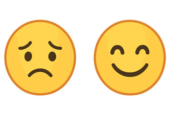 Vector illustration of sad and happy emoticon facial expressions. Set of yellow emotion emojis, transparent background. Mood, feelings, psychology, positive and negative emotions.