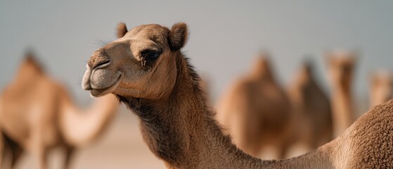 Obraz premium The camel portrait with herd blurred in the sunlit desert landscape