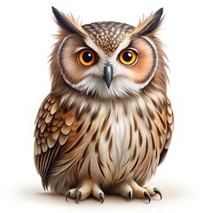 Naklejka premium Adorable fluffy owl with big orange eyes on white background