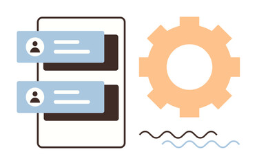 User message bubbles on a phone screen alongside a gear and abstract lines. Ideal for technology, communication, teamwork, project management, productivity, mobile apps, process optimization. Simple