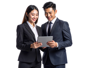 Successful Business Team Reviewing Strategy on Tablet, Front View, Isolated on White