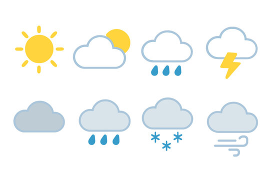 Weather vector icons set with transparent background, including sun, clouds, rain, snow, lightning, wind, and various weather conditions symbols, simple design