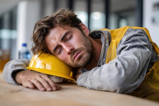 Exhausted engineer resting with hard hat on desk at construction site during daytime after long hours of work
