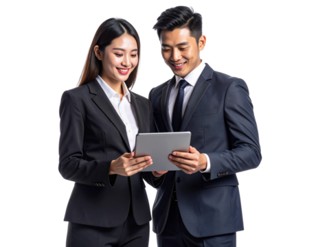 Successful Business Team Reviewing Strategy on Tablet, Front View, Isolated on White