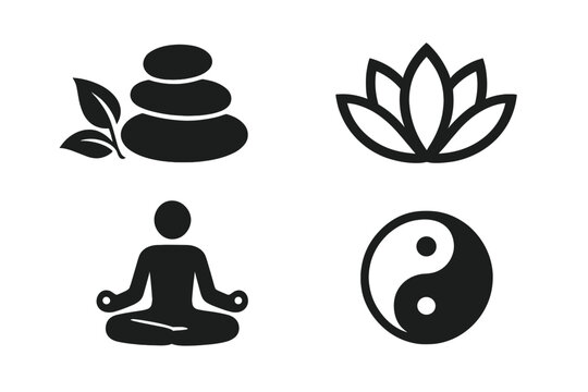 Zen health and wellness spa icons set with balance harmony yoga symbols including stacked stones with leaves, lotus flower, meditation pose, and yin yang vector illustration