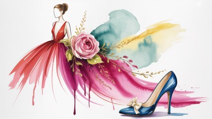 Fashion Illustration of Red Gown and Blue Shoe with Rose