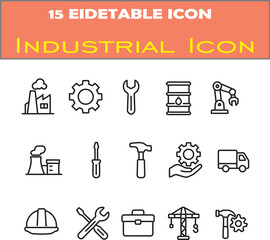 A Set of Fifteen Minimal Black Line Icons Depicting Factories, Tools, Gears, and Construction Equipment on a Clean White Background, Representing Modern Engineering.