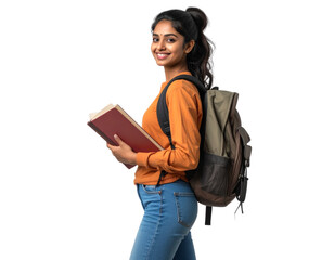 Indian Female Student Walking with Backpack, Side Angle, Transparent Background