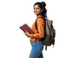 Indian Female Student Walking with Backpack, Side Angle, Transparent Background