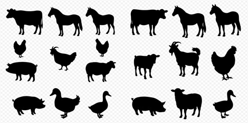 A collection of black silhouettes of various farm animals, including cows, horses, pigs, sheep, goats, and poultry, on a transparent background.