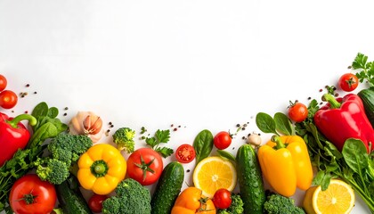 Composición de verduras y frutas frescas sobre fondo blanco con espacio para texto, concepto de alimentación saludable y nutrición equilibrada