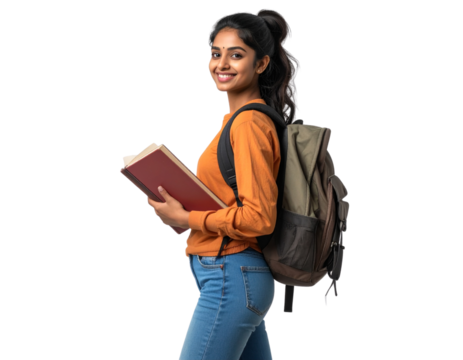Indian Female Student Walking with Backpack, Side Angle, Transparent Background