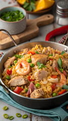 "Colorful Paella with Shrimp, Chicken, and Vegetables in Rustic Pan"